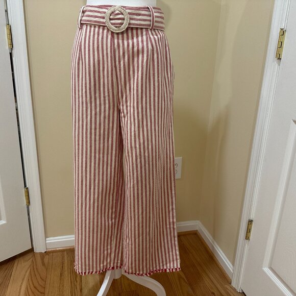 NWOT MOON RIVER Boho Woven Belted Red/White Wide Leg Pinstripe Fringe Pants Sz L - Picture 1 of 14